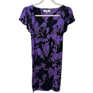 Tibi NY Women's Shift Dress Purple Black Abstract Print Scalloped Cap Sleeve, S